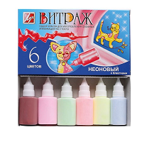 Краски по стеклу "Витраж неоновый с блестками",  6 цв