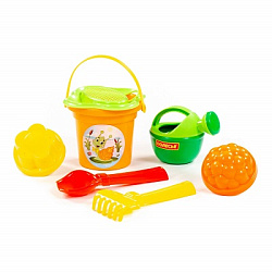 Набор №238: ведро малое, ситечко-цветок, совок №2, грабельки №2, 2 формочки, лейка малая №3