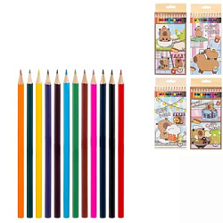 Карандаши цветные деревянные Капибара 12цв " Basir " шестигранные, картонная упаковка, европодвес