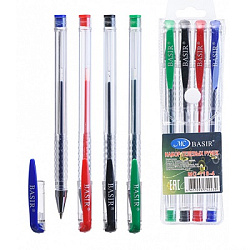 Набор гелевых ручек " Basir " 4цв 1,0мм цветной прозрачный корпус, цвет колпачка соответствует цвету