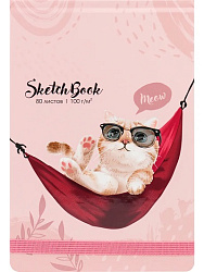 Скетчбук А5, 80л, КОТИК В ГАМАКЕ (80-0513) 7БЦ, переплет сверху, мат. ламин. лак, резинка