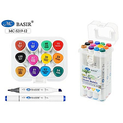 Набор маркеров для скетчинга " Basir "  12цв двухсторонние, 1,0-7,0мм, пулевидный/скошенный, трёхгра