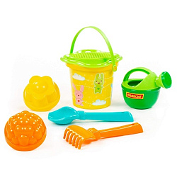 Набор №228: ведро малое с наклейкой, ситечко-цветок, совок №2, грабельки №2, 2 формочки, лейка малая