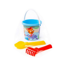 Песочный набор "Три кота" №7: Ведро малое с наклейкой, совок №2, грабельки №2
