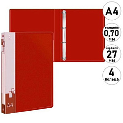 Папка 4 кольца " Бюрократ " А4 27мм красная, пластик 0,7мм, бумажная вставка во внешний кармашек