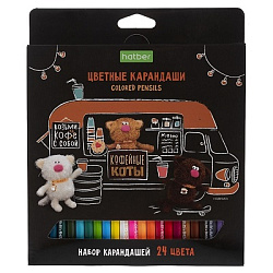 Карандаши цветные деревянные ECO Кофейные коты 24цв " Hatber " шестигранные, картонная упаковка, евр
