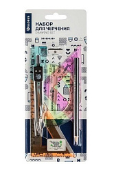 Набор чертежный с циркулем МАЛЫЙ 8 предметов: циркуль металлический 12,5см, линейка 15см, 2 угольник