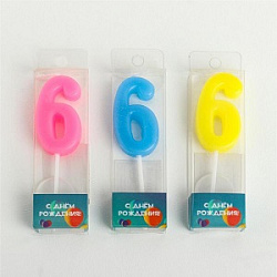 Свеча в торт на шпажке, цифра 6, МИКС, 4.5х2.5 см 2385813