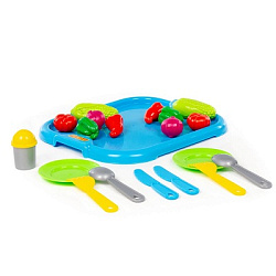 Набор детской посуды с голубым подносом и набором продуктов (19 элементов) (в сеточке)