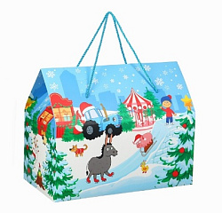 Пакет подарочный-коробка новогодний «Весёлого Нового года!», 37 х 33 х 20 см, Синий трактор