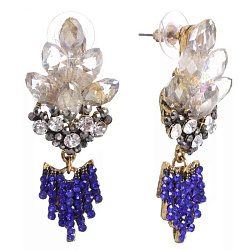 Серьги со стразами "Каскад" роскошь, цвет бело-синий в чернёном золоте 1740374