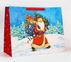 Пакет подарочный новогодний ламинированный "Дед мороз спешит в гости", 50 х 40 х 25 см.