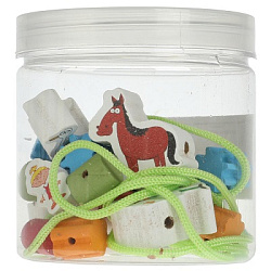 Игрушка деревянная СИНИЙ ТРАКТОР шнуровка-бусы, банка, стикер Буратино в кор.96шт