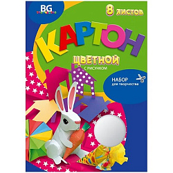 Картон цветной А4 мелованный с рисунком 8л 8цв " БиДжи " Зайчик с морковкой, в папке