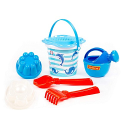 Набор №228: ведро малое с наклейкой, ситечко-цветок, совок №2, грабельки №2, 2 формочки, лейка малая