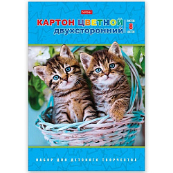 Картон цветной А4 мелованный двухсторонний  8л 8цв " Hatber " Ушки на макушке, в папке