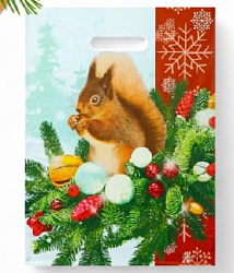 Пакет "Белочка на новогодней ветке", полиэтиленовый с вырубной ручкой, 30х40 см.