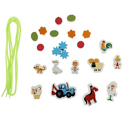 Игрушка деревянная СИНИЙ ТРАКТОР шнуровка-бусы, банка, стикер Буратино в кор.96шт