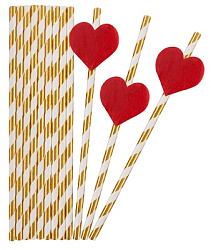 Трубочки для коктейлей, Красные сердечки, Белый/Золотые полосы, металлик, 10 шт. в упак.