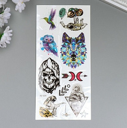 Татуировка на тело чёрная с цветом "Волк и череп" 19х9 см   5352476