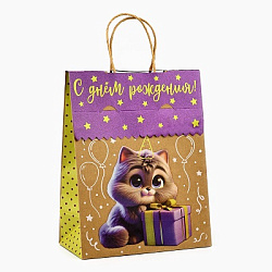 Пакет с клапаном «С Днём рождения», котик, крафт, глиттер, 19,5 × 10 × 25.2 см   10511563