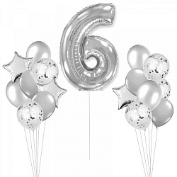Шары"БУКЕТ" набор 16шт "ЦИФРА 6! (фольга 3шт+цифра фольга 1м+латекс)арт.102612 (6645) (1/120наб.)