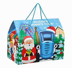 Пакет подарочный-коробка новогодний «Весёлого Нового года!», 37 х 33 х 20 см, Синий трактор