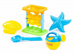 Набор №343: песочная мельница №2 с основанием, совок №2, формочки (морская звезда №2 + ракушка №2), 