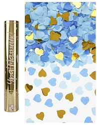 Пневмохлопушка (12/30 см), Гендер Пати, Ура, Мальчик!, Сердца фольга и тишью, Голубой/Золото, 1 шт.