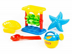 Набор №343: песочная мельница №2 с основанием, совок №2, формочки (морская звезда №2 + ракушка №2), 