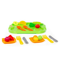 Набор детской посуды с зелёным подносом и набором продуктов (18 элементов) (в сеточке)
