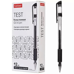 Ручка гелевая " Hatber " Test черная 0,5мм, резиновый держатель, прозрачный, пластиковый